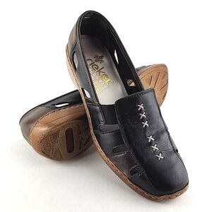 Rieker Women's Black Bronze Leather Slip On Lightweight Loafer Cutouts Size 39